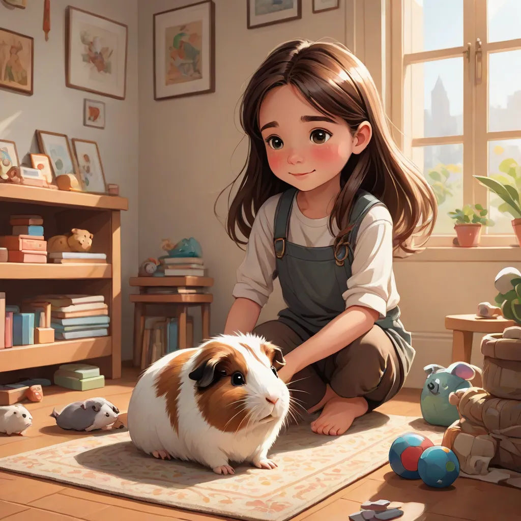 a girl petting a guinea pig in a room with a rug and toys on the floor and a window, a storybook illustration, Artgerm, photorealism, trending on art station