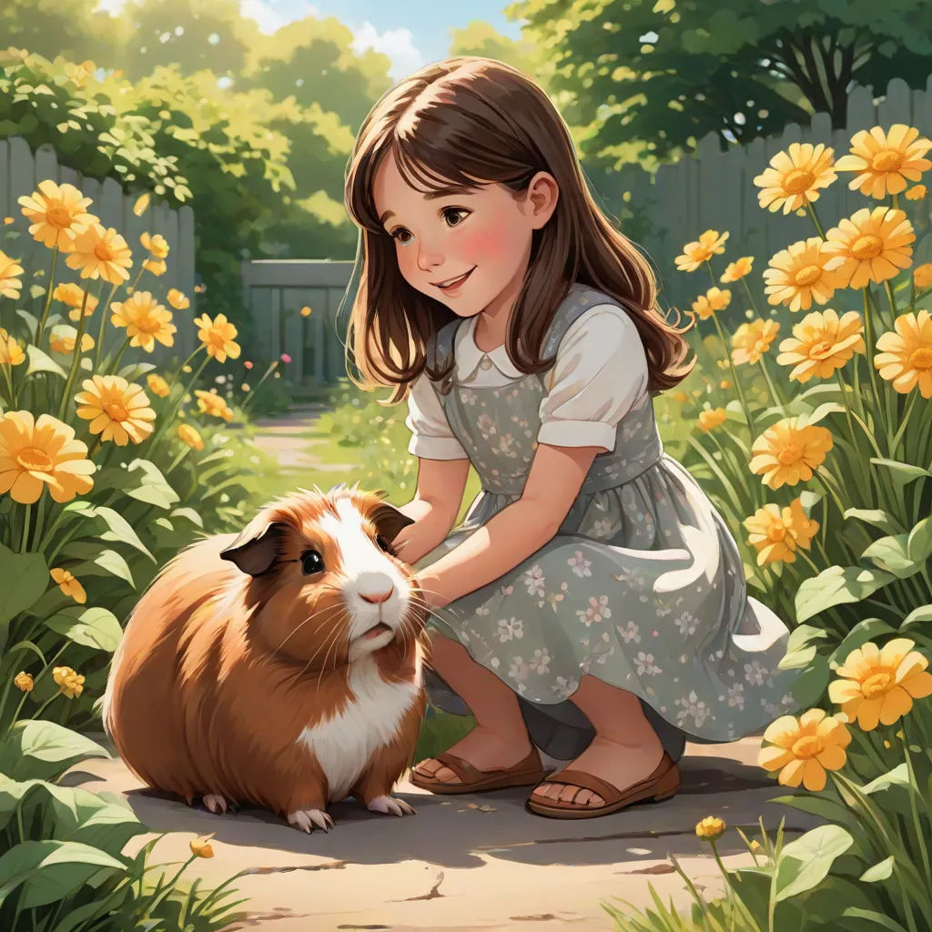 a little girl petting a guinea pig in a garden of flowers and flowers with a fence in the background, a storybook illustration, Cynthia Sheppard, american scene painting, official art