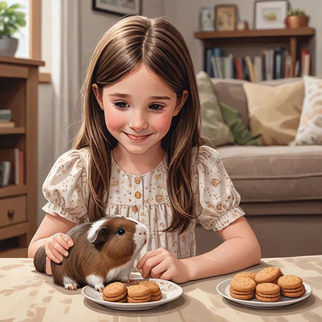 a girl holding a guinea pig on a plate of cookies and cookies on a plate on a table with a couch in the background, a storybook illustration, Bob Byerley, photorealism, professional digital painting