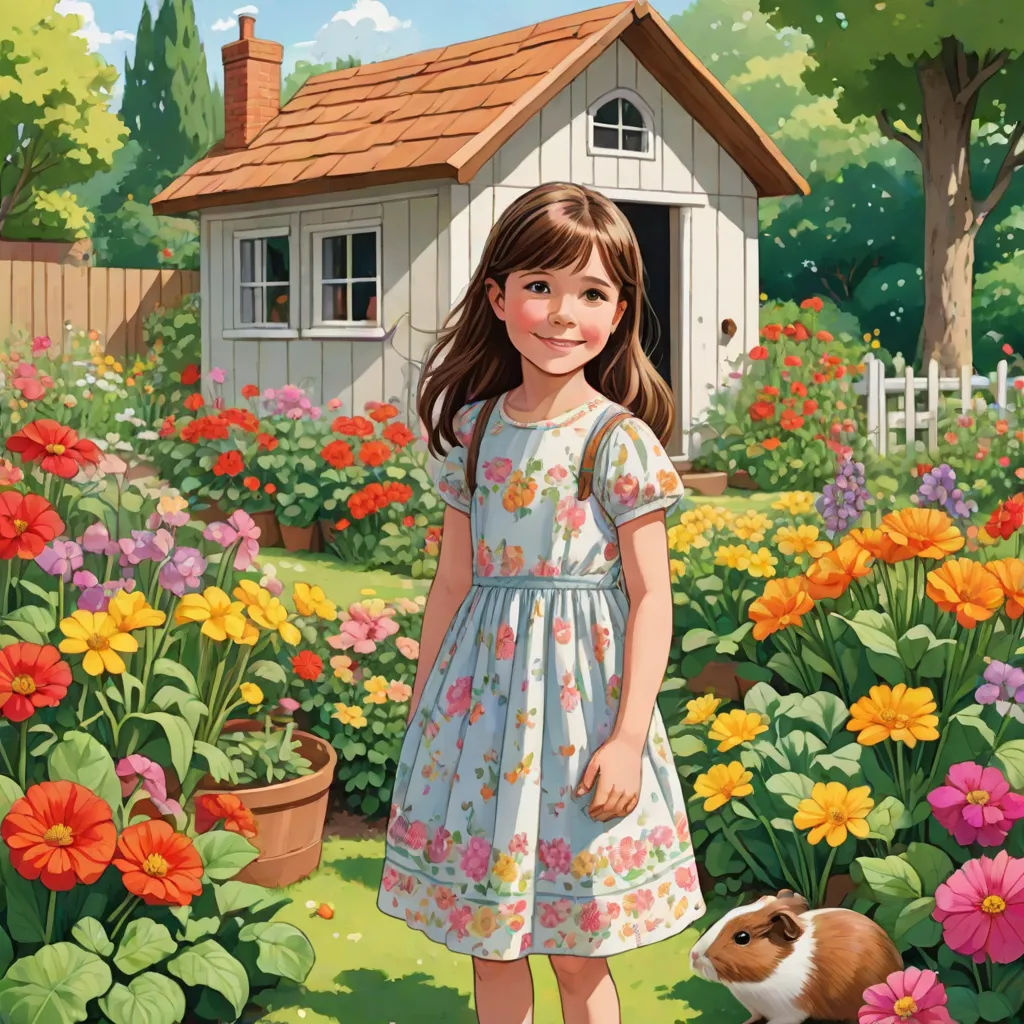 a girl standing in a garden with a guinea pig in front of her and a house in the background, a storybook illustration, Bob Byerley, american impressionism, storybook illustration