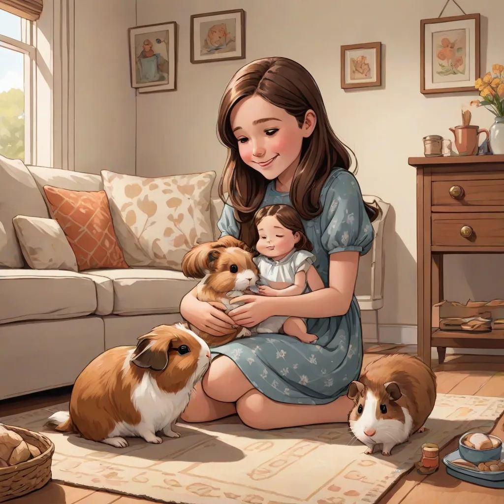 a woman holding a baby and two guinea pigs in a living room with a dog and a cat on the floor, a storybook illustration, Artgerm, furry art, official art