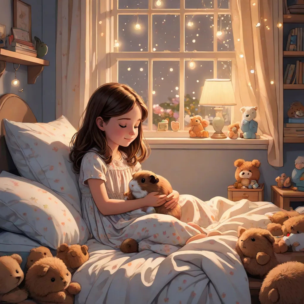 a little girl is sitting in bed with her teddy bears and holding a teddy bear in her arms and looking out the window, a storybook illustration, Evgeny Lushpin, fantasy art, dream