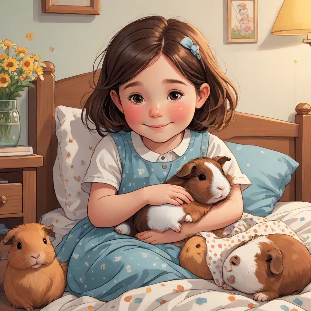 a little girl holding a baby rabbit in her arms while sitting on a bed with two other animals in front of her, a storybook illustration, Chen Lin, furry art, cgstudio