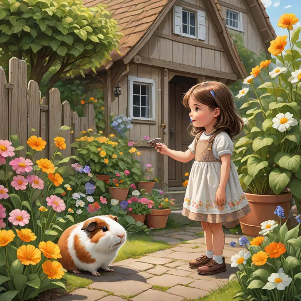 a little girl standing next to a guinea pig in a garden with flowers and a house in the background, a storybook illustration, Chris LaBrooy, fantasy art, storybook illustration