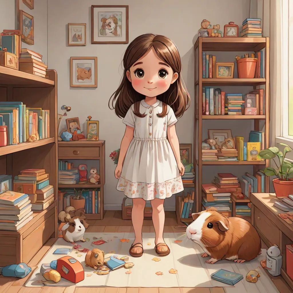 a girl standing in a room with a guinea pig and a bookshelf full of books and toys, a storybook illustration, Clarice Beckett, fantasy art, storybook illustration
