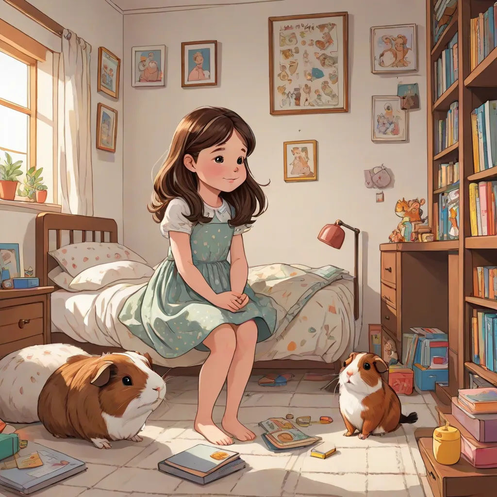 a girl sitting on a bed surrounded by guinea pigs and books in a bedroom with a bookcase full of books, a storybook illustration, Chen Lin, fantasy art, storybook illustration