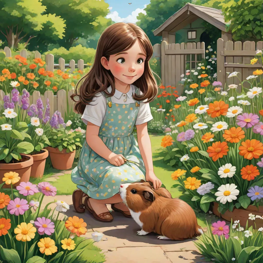 a girl kneeling down next to a dog in a garden filled with flowers and plants with a fence in the background, a storybook illustration, Bob Byerley, american scene painting, official art