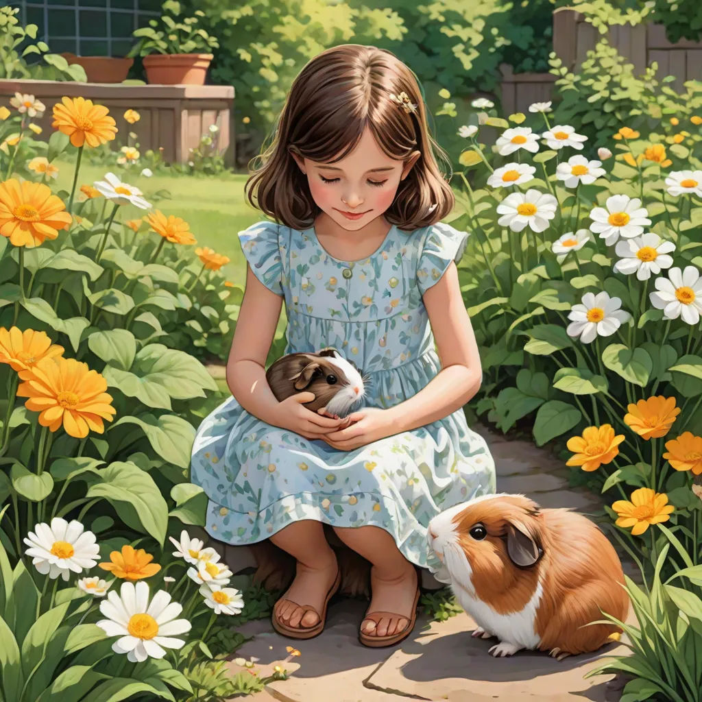 a painting of a little girl holding a puppy in a garden with flowers and daisies around her and a guinea pig sitting on the ground, a storybook illustration, Bob Byerley, figurative art, detailed painting