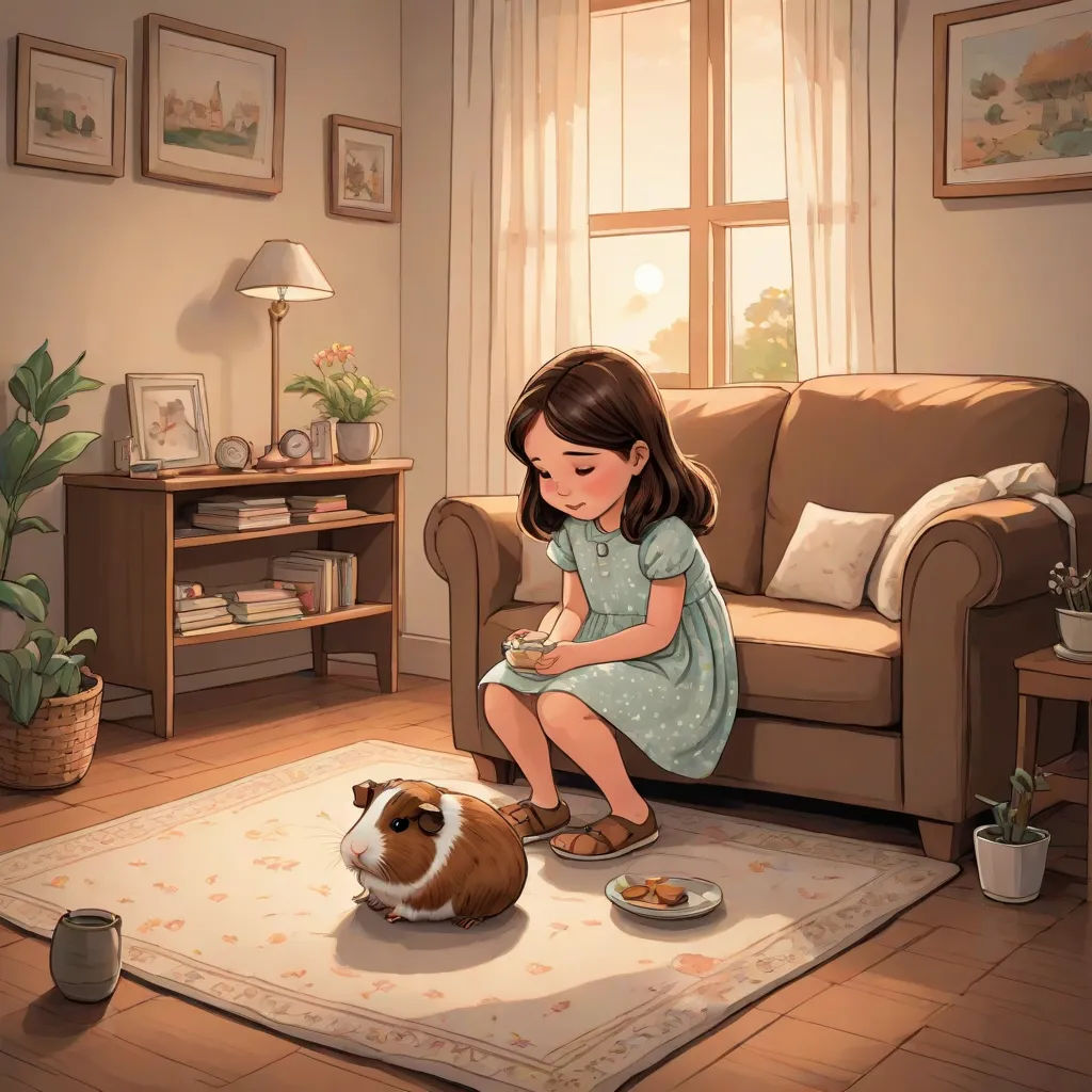 a little girl sitting on a rug next to a guinea pig eating food from a plate on the floor, a storybook illustration, Cyril Rolando, american scene painting, rossdraws global illumination