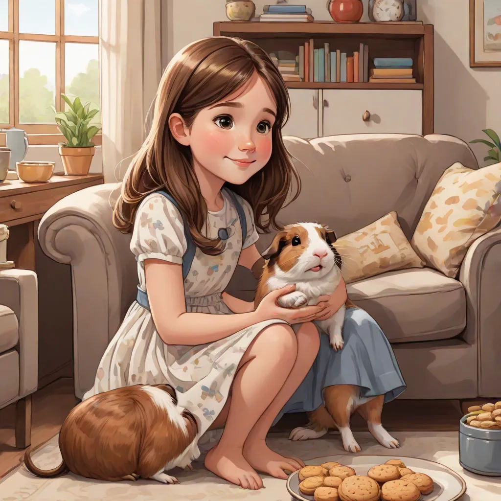 a girl sitting on a couch holding a dog and a plate of cookies and cookies on the floor next to her, a storybook illustration, Chen Hong, photorealism, cgstudio