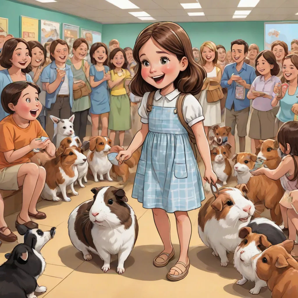a girl in a blue dress is surrounded by dogs and people in a room with a group of people, a storybook illustration, F Scott Hess, furry art, official art