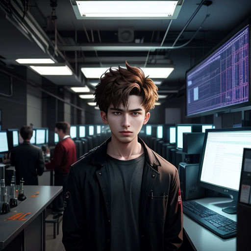 a man standing in front of a computer monitor in a room with other people in it and a laptop on the desk