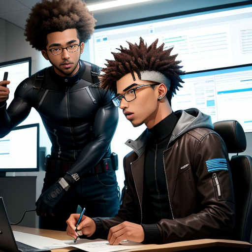 two men in a room with a laptop and a pen and paper in their hands, one of them is wearing a black leather jacket