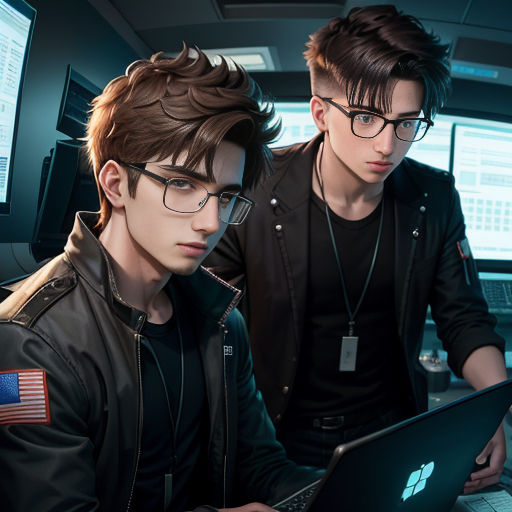 two young men are looking at a laptop computer screen in a control room with monitors on the wall behind them