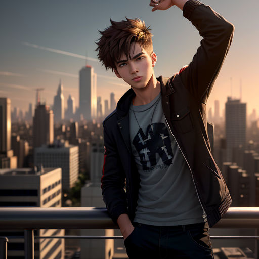 a young man standing on top of a roof next to a city skyline with tall buildings in the background