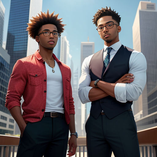 two men in suits standing in front of a cityscape with skyscrapers in the background, one wearing a red vest and the other a white shirt