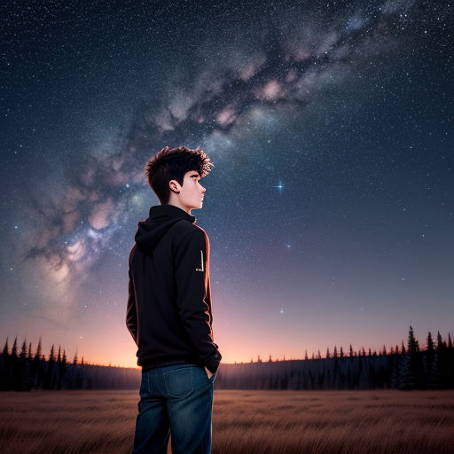 a boy standing in a field looking up at the stars in the sky above him and a field of grass below