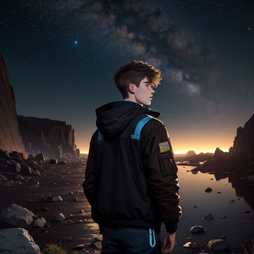 a man standing on a rocky beach under a night sky with stars and a star filled sky above him