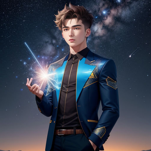 a man in a blue suit holding a star in his hand and a sky full of stars behind him