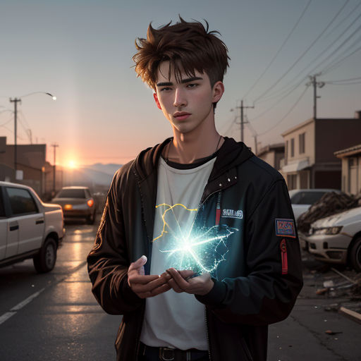 a young man holding a glowing object in his hands on a street with cars parked in the background and a building with a lightening effect