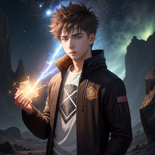 a young man holding a star in his hand in front of a mountain range with stars in the sky