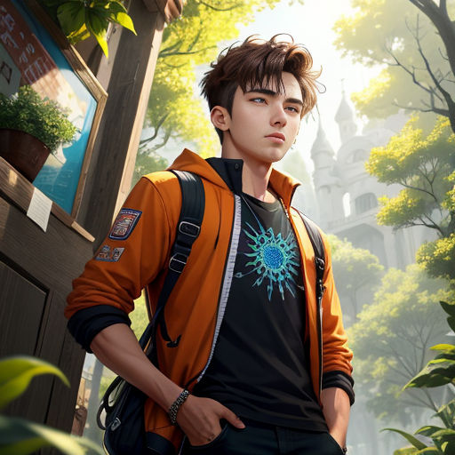 a young man standing in front of a tree filled forest with a backpack on his back and a backpack on his shoulder