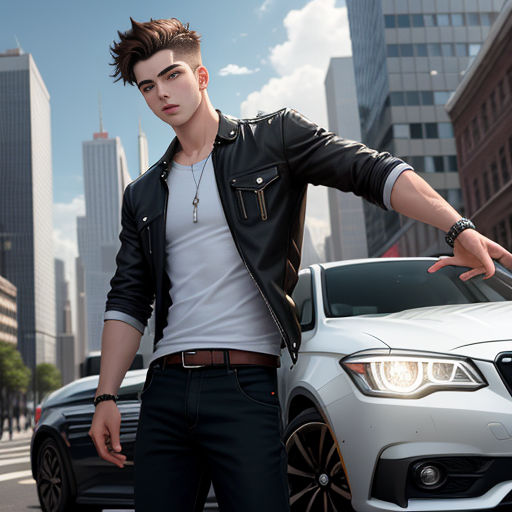 a man standing next to a car in a city street with tall buildings in the background and a white bmw car