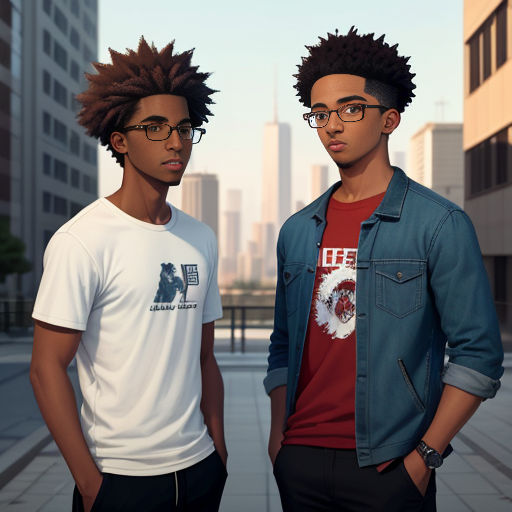 two young men standing next to each other in front of a cityscape with tall buildings in the background