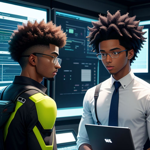 two men in a room with a laptop computer and a backpack on their backs, one of them is wearing a tie