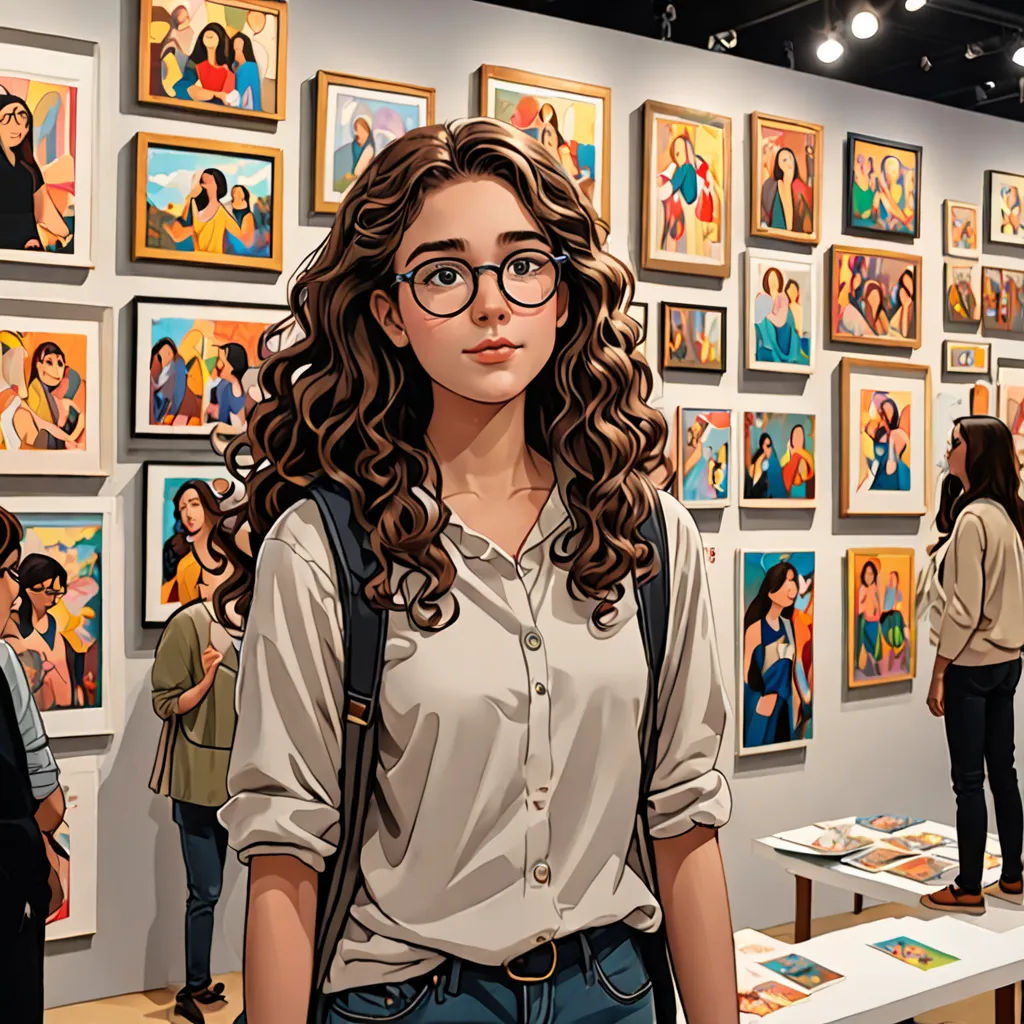 a woman with glasses standing in front of a wall of pictures and paintings on display at a museum or exhibition, serial art, a painting, artist, incredible art