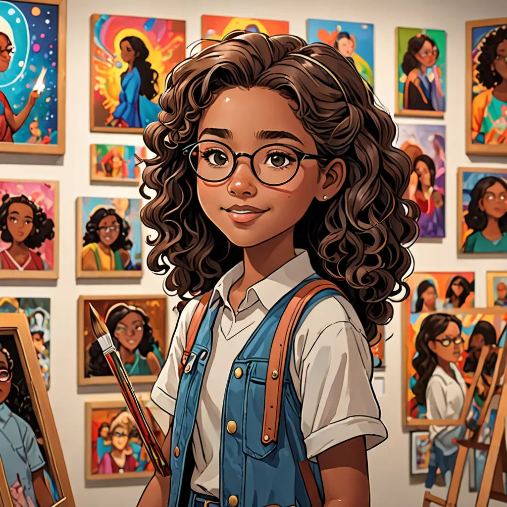 a girl with glasses and a backpack is standing in front of a wall of paintings and holding a pencil, process art, a character portrait, Artgerm, official art