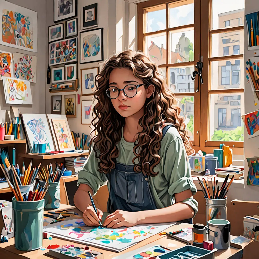 a girl with glasses is sitting at a desk with a painting and a pencil in her hand and a lot of art on the wall, photorealism, a hyperrealistic painting, artist, professional digital painting