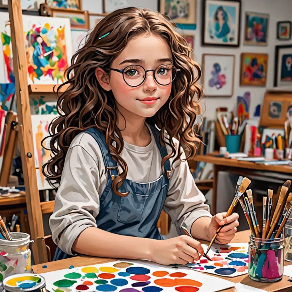 a painting of a girl with glasses sitting at a table with paint and brushes in front of her and a palette of paint, hyperrealism, a photorealistic painting, artist, professional digital painting