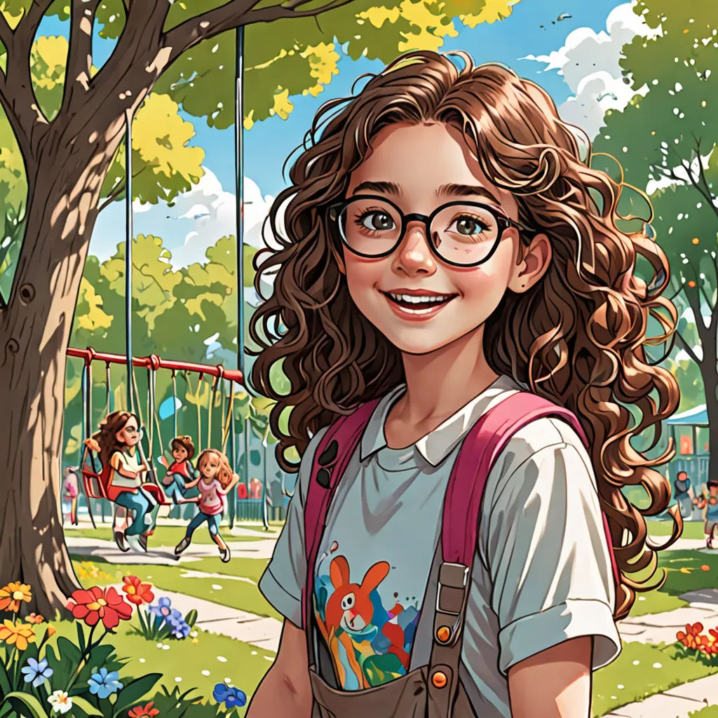 a girl with glasses and a backpack standing in a park with a swing set in the background and a tree, american scene painting, a comic book panel, Diego Gisbert Llorens, comic cover art