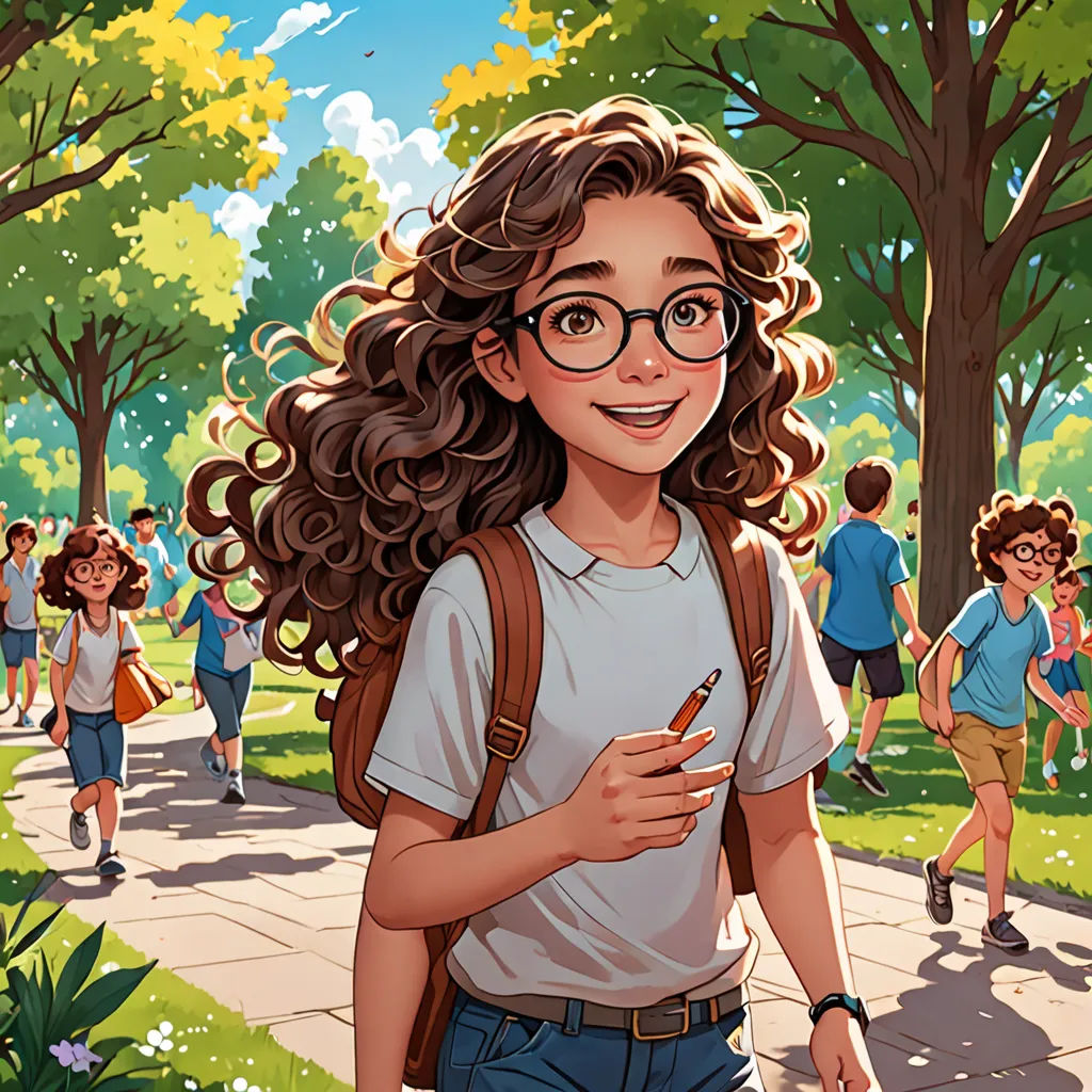 a cartoon of a girl with glasses and a backpack walking down a sidewalk with a group of people behind her, paris school, a storybook illustration, Asaf Hanuka, book cover