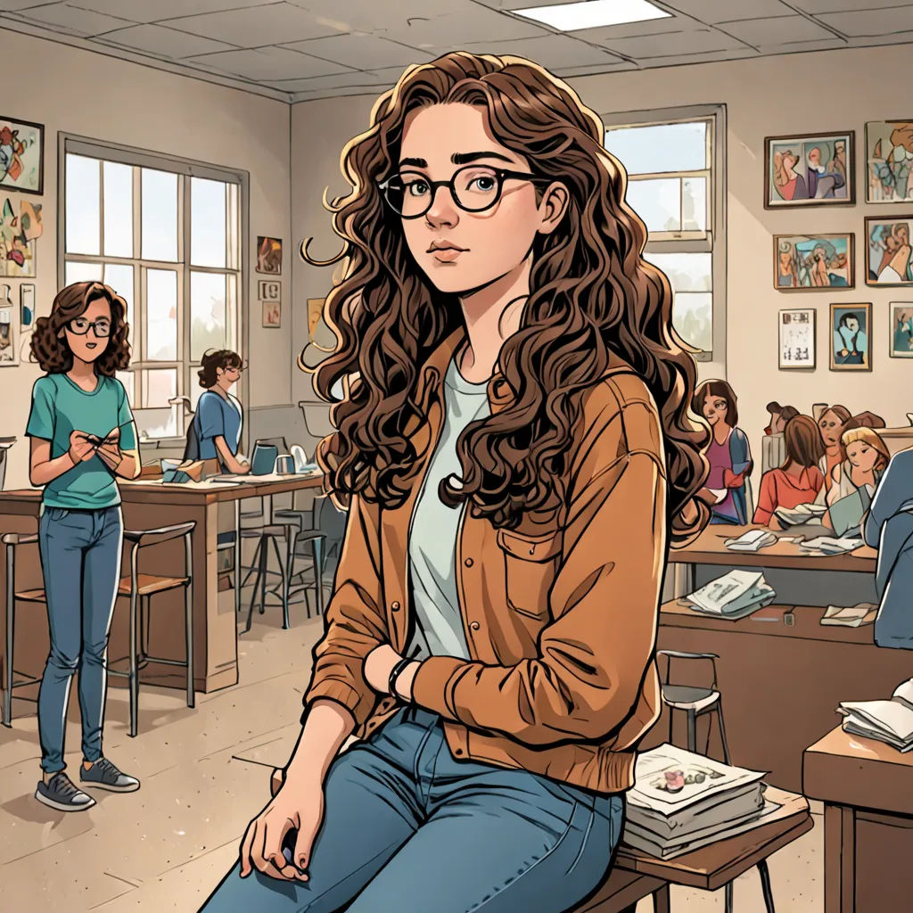 a woman sitting on a desk in a classroom with other people in the background and a cartoon of a woman with glasses, process art, a comic book panel, Asaf Hanuka, comic cover art
