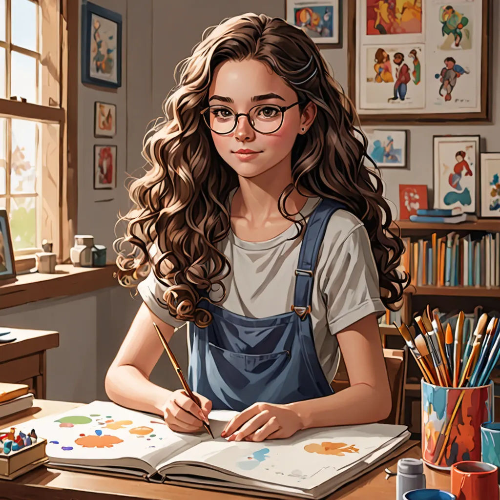 a girl with glasses is sitting at a desk with a book and pencils in front of her and a bookcase with books, american scene painting, a detailed painting, Artgerm, art station