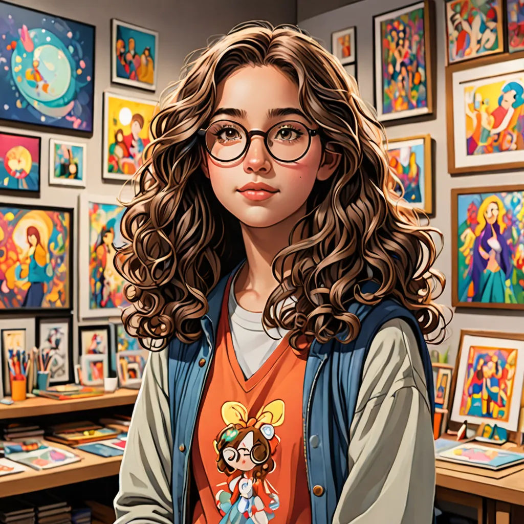 a girl with glasses standing in front of a wall of cartoon pictures and paintings on the walls of a store, cloisonnism, a detailed painting, artist, highly detailed digital painting