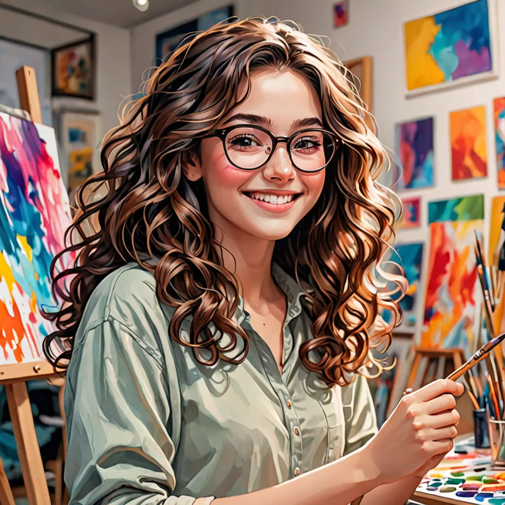 a woman is smiling while painting in a studio with her easel and palettes of paint and watercolors, figurative art, a photorealistic painting, Elina Karimova, professional digital painting