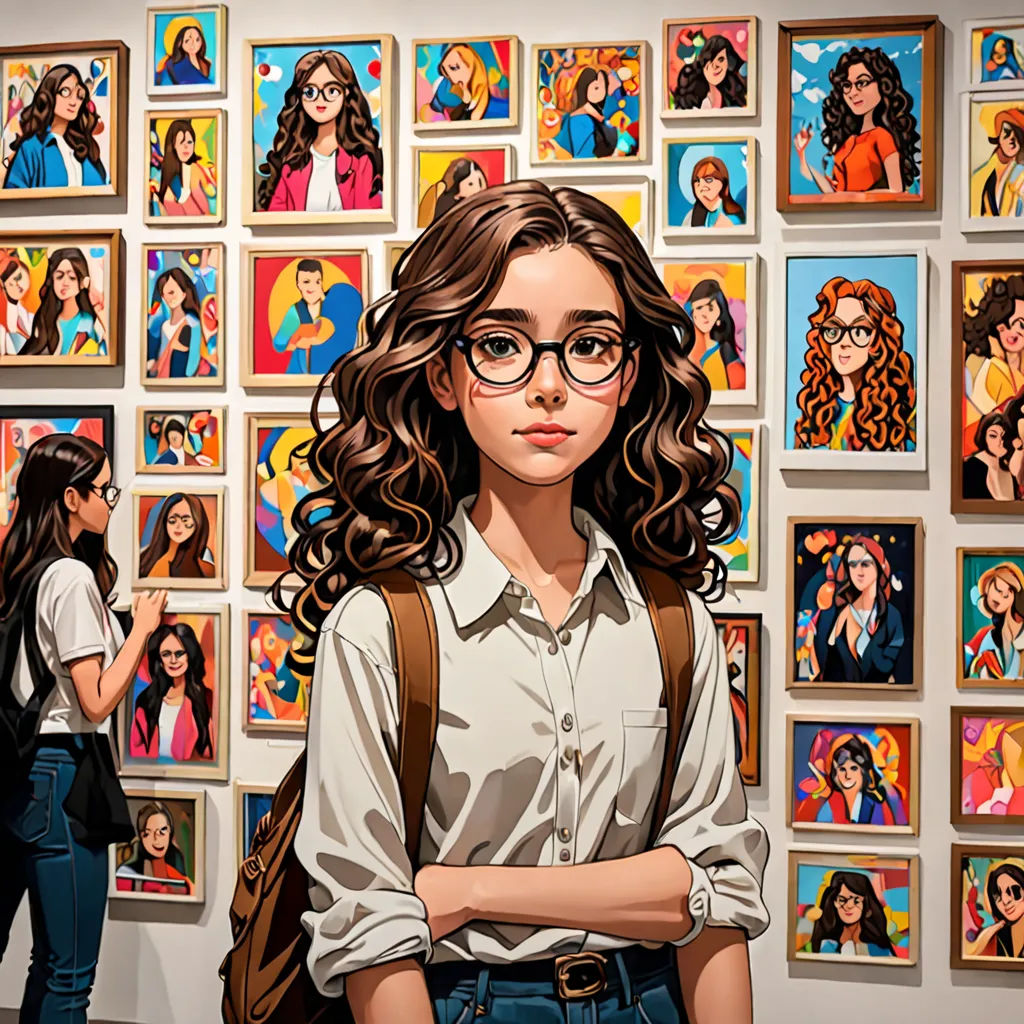 a woman standing in front of a wall of paintings of women with glasses on it's faces and a backpack on her shoulder, serial art, a pop art painting, artist, incredible art