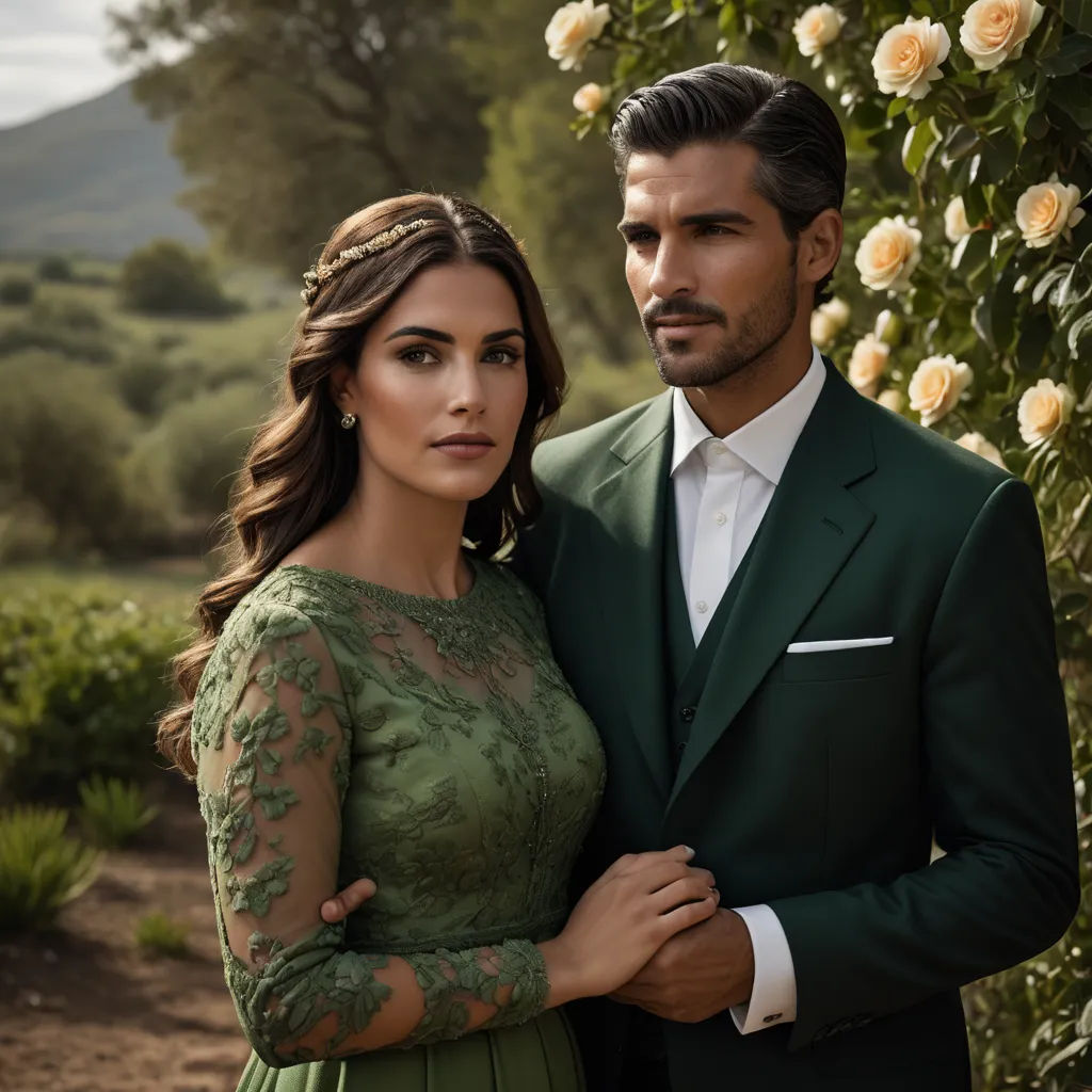 a man and a woman in formal wear standing next to each other in front of a bush with roses, rococo, a portrait, Christian Hilfgott Brand, art nouveau fashion embroidered