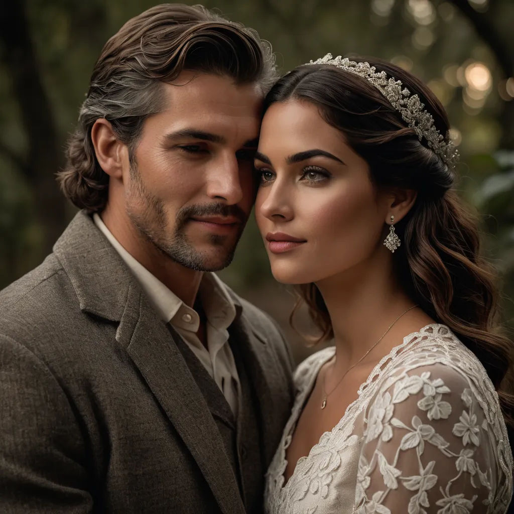 a man and a woman are posing for a picture together in a forest with trees in the background and lights on, american romanticism, a poster, Christian Hilfgott Brand, promotional image
