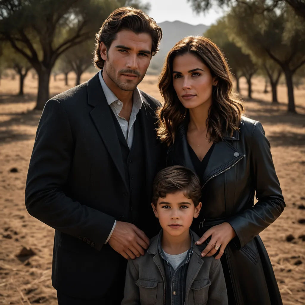 a man and woman standing next to a boy in a field of trees and dirt with a mountain in the background, cloisonnism, a poster, Eva Gonzalès, promotional image
