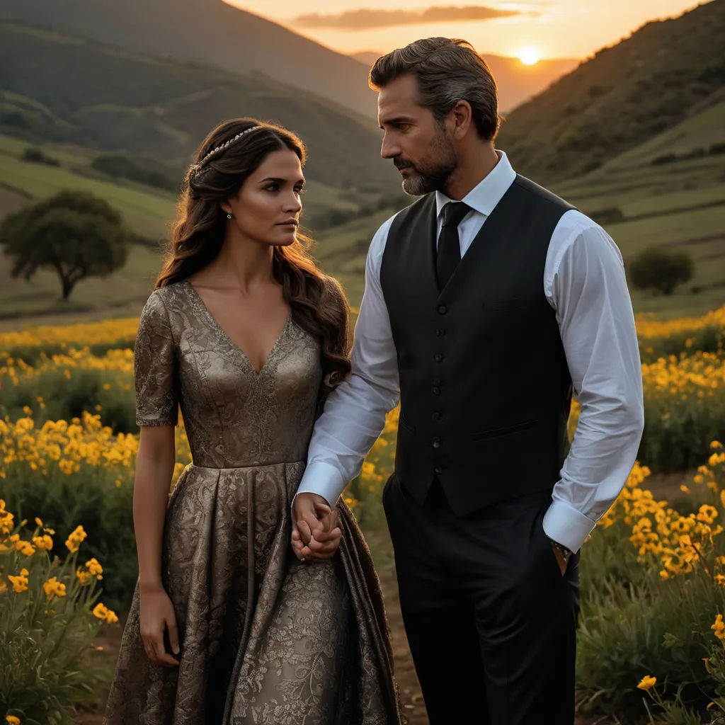 a man and a woman standing in a field of flowers at sunset with mountains in the background and a sun setting, neo-romanticism, a poster, Esteban Vicente, promotional image