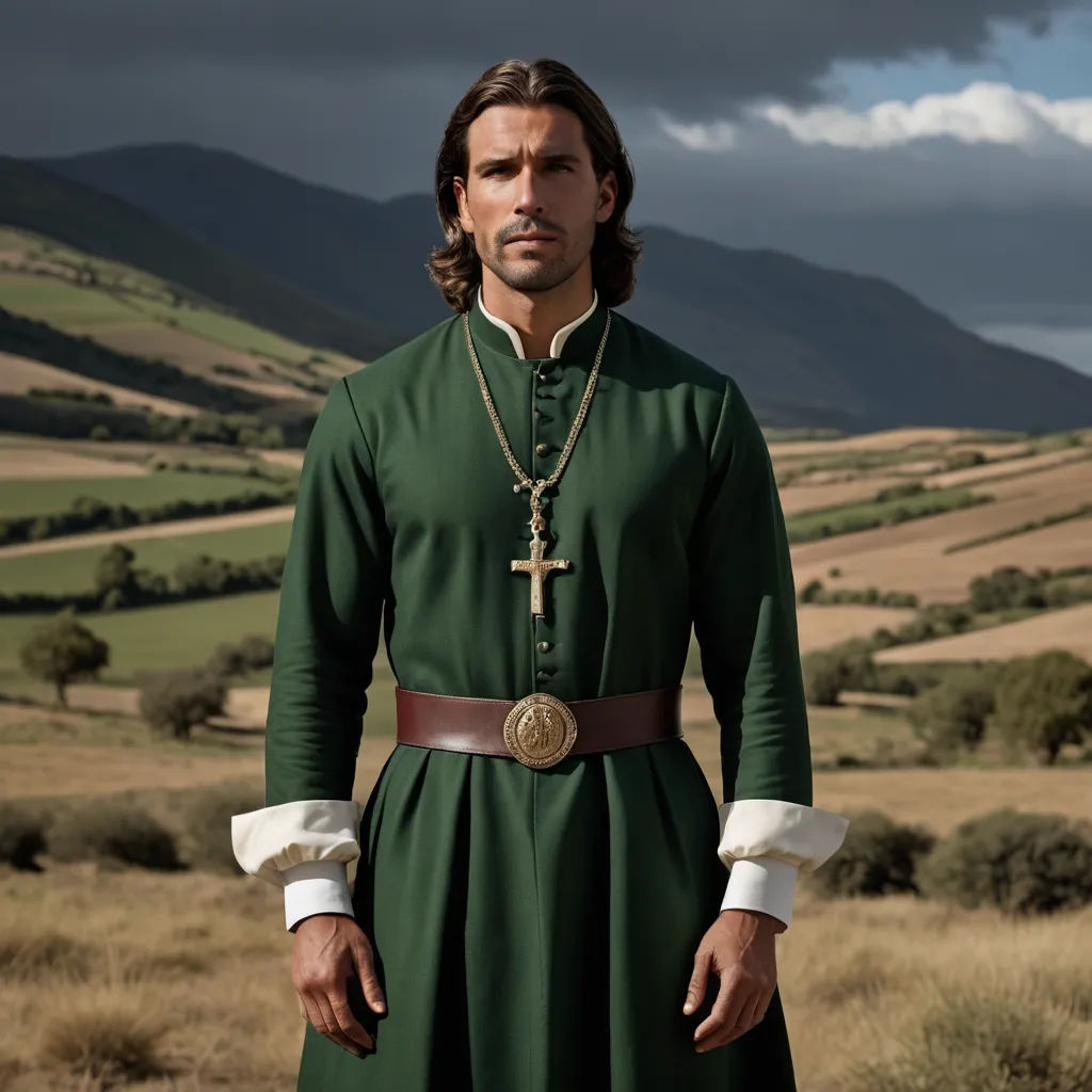 a man in a green outfit standing in a field with mountains in the background and clouds in the sky, mannerism, a character portrait, Eugenio de Arriba, promotional image