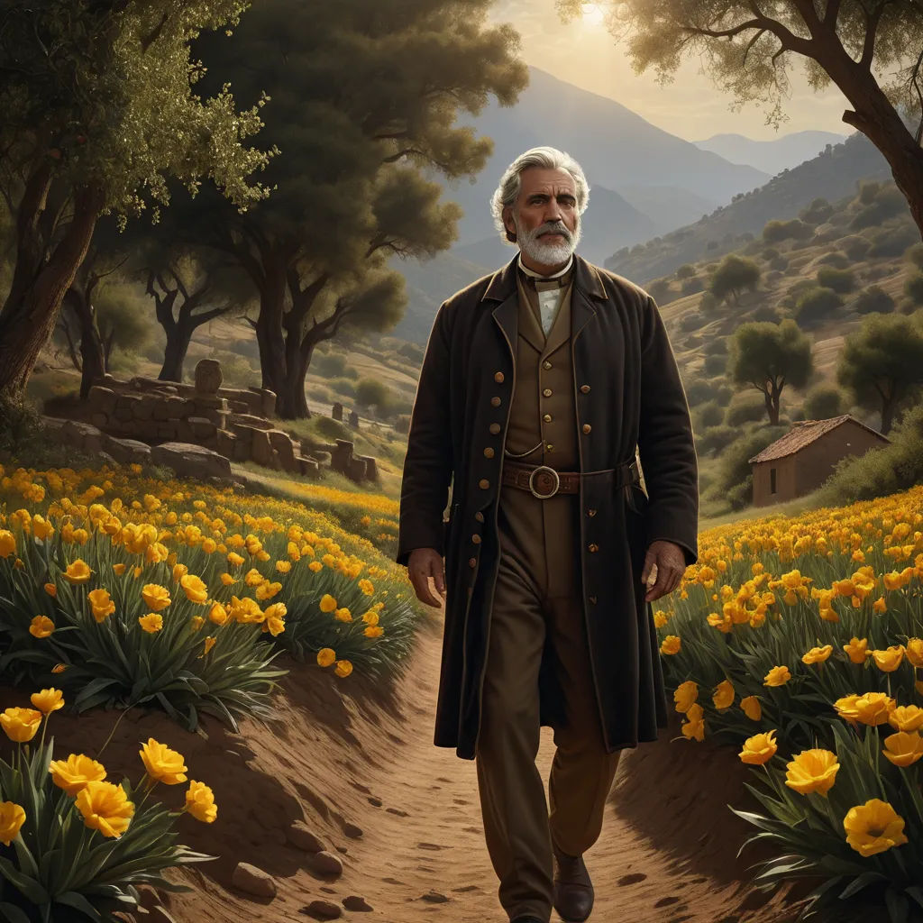 a painting of a man walking down a dirt path with yellow flowers in the background and a mountain in the distance, classical realism, a detailed matte painting, Drew Struzan, cinematic matte painting
