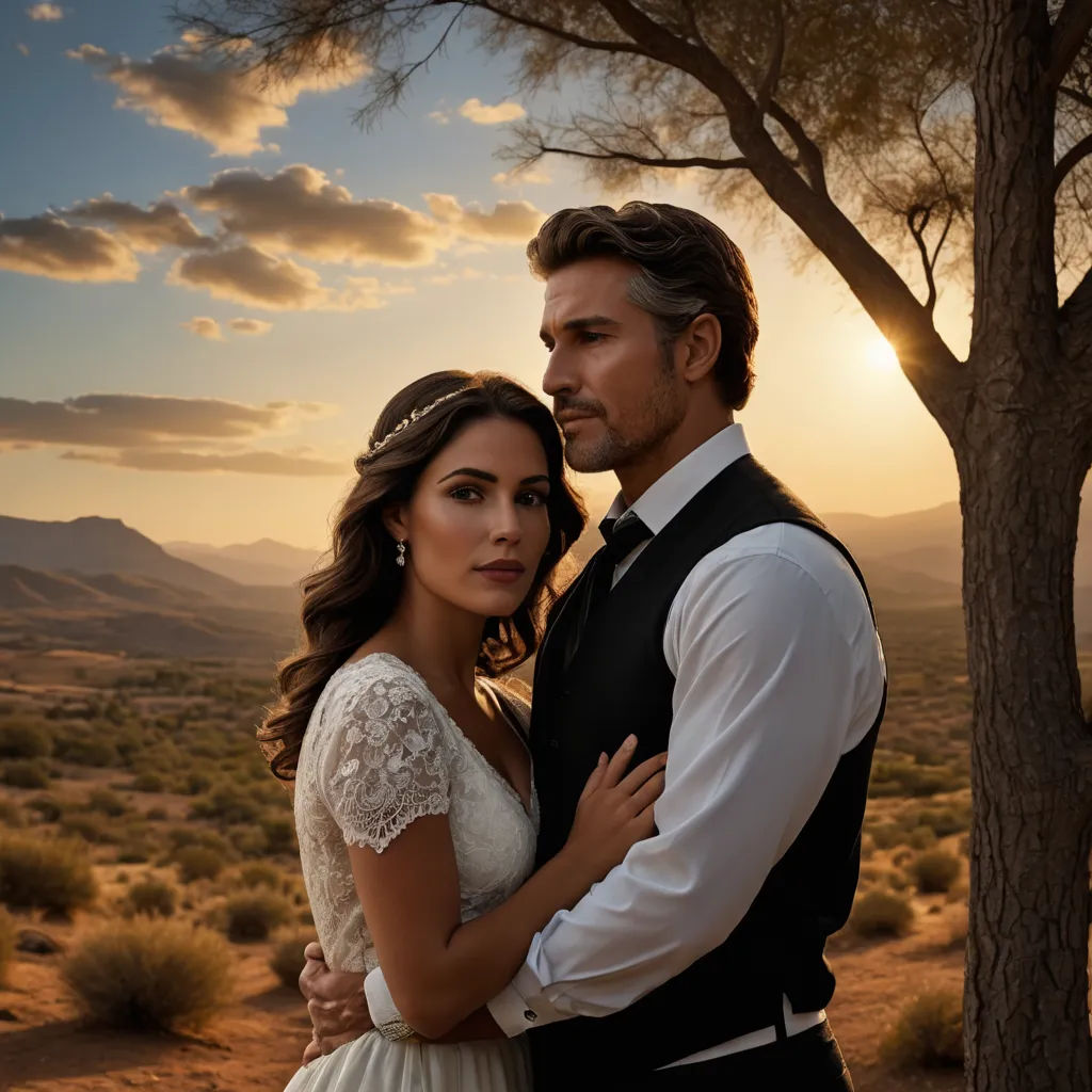 a man and a woman standing next to each other in front of a tree at sunset in the desert, neo-romanticism, a poster, Dave Melvin, promotional image