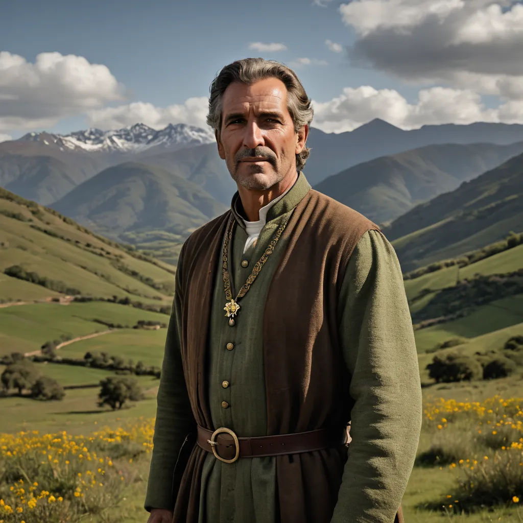a man in a green outfit standing in a field with mountains in the background and clouds in the sky, romanesque, a character portrait, Eugenio de Arriba, promotional image