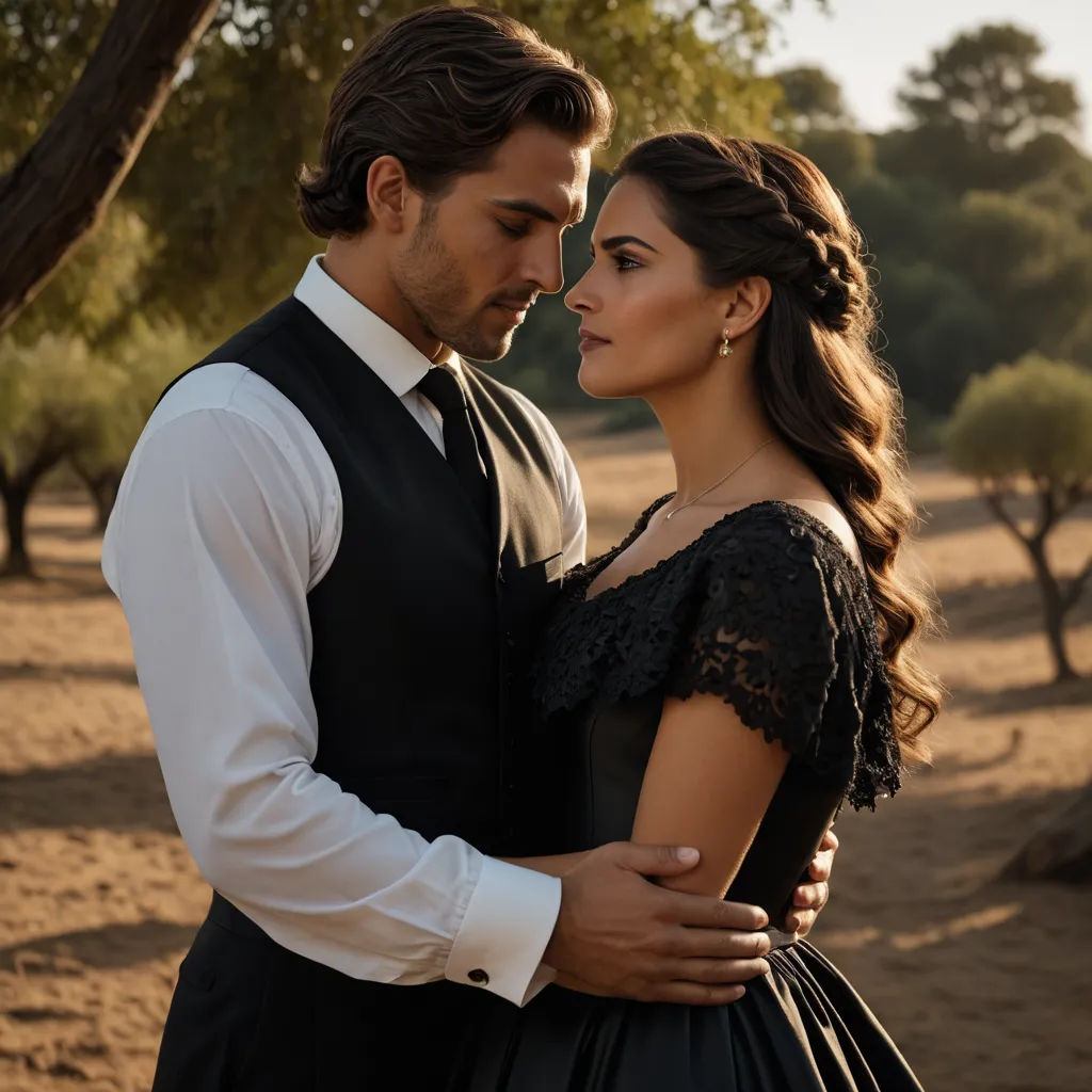 a man and a woman are standing together in a field of trees and dirt, with one of them holding the other, neo-romanticism, a poster, Eva Gonzalès, promotional image