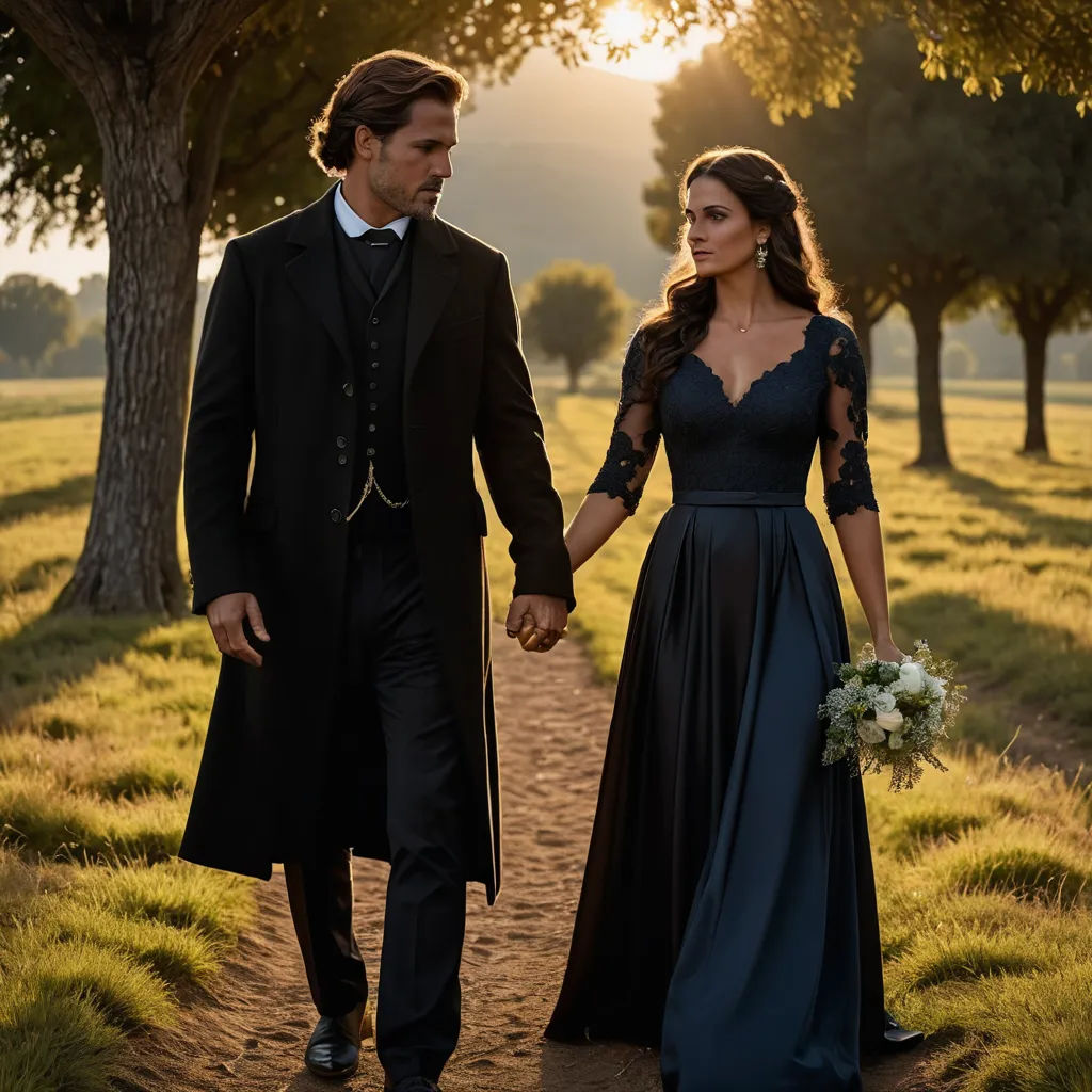 a man and a woman walking down a path holding hands and looking at each other with trees in the background, neo-romanticism, a picture, Aramenta Dianthe Vail, promotional image